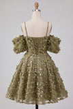 Olive Cold Shoulder Sequins A-Line Short Homecoming Dress with Lace Up Back
