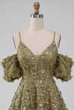 Olive Cold Shoulder Sequins A-Line Short Homecoming Dress with Lace Up Back