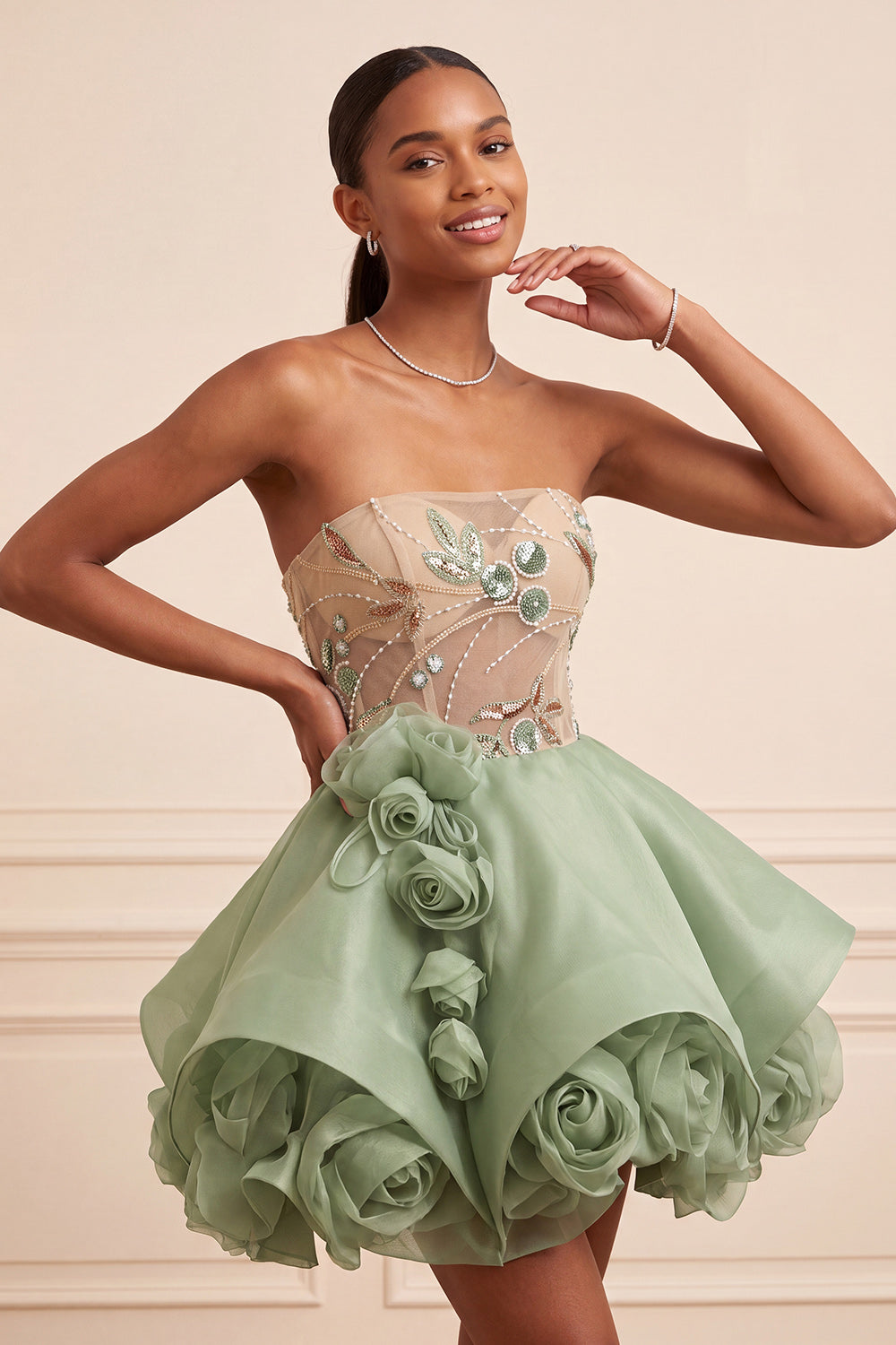 ZAPAKA Women Dusty Sage Strapless Homecoming Dress with 3D Flowers Lace Up Back Corset A-Line Sequins Short Cocktail Dress, Dusty Sage / US18W