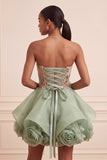Dusty Sage Strapless A-Line Corset Lace Up Back Sequins Short Homecoming Dress with 3D Flowers