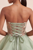 Dusty Sage Strapless A-Line Corset Lace Up Back Sequins Short Homecoming Dress with 3D Flowers
