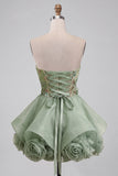 Dusty Sage Strapless A-Line Corset Lace Up Back Sequins Short Homecoming Dress with 3D Flowers