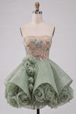 Dusty Sage Strapless A-Line Corset Lace Up Back Sequins Short Homecoming Dress with 3D Flowers