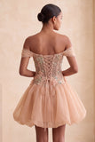 A-Line Light Pink Off the Shoulder Floral Corset Short Homecoming Dress with Lace Up Back