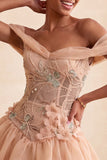 A-Line Light Pink Off the Shoulder Floral Corset Short Homecoming Dress with Lace Up Back