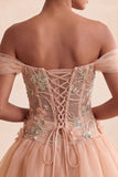 A-Line Light Pink Off the Shoulder Floral Corset Short Homecoming Dress with Lace Up Back