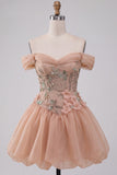 A-Line Light Pink Off the Shoulder Floral Corset Short Homecoming Dress with Lace Up Back
