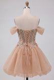 A-Line Light Pink Off the Shoulder Floral Corset Short Homecoming Dress with Lace Up Back