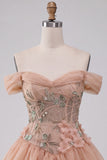 A-Line Light Pink Off the Shoulder Floral Corset Short Homecoming Dress with Lace Up Back