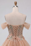 A-Line Light Pink Off the Shoulder Floral Corset Short Homecoming Dress with Lace Up Back