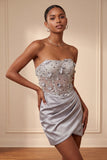 Light Grey Strapless Floral Sheer Corset Ruched Satin Short Homecoming Dress with Lace Up Back