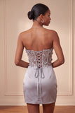 Light Grey Strapless Floral Sheer Corset Ruched Satin Short Homecoming Dress with Lace Up Back