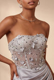 Light Grey Strapless Floral Sheer Corset Ruched Satin Short Homecoming Dress with Lace Up Back