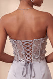 Light Grey Strapless Floral Sheer Corset Ruched Satin Short Homecoming Dress with Lace Up Back