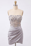 Light Grey Strapless Floral Sheer Corset Ruched Satin Short Homecoming Dress with Lace Up Back