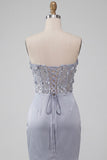 Light Grey Strapless Floral Sheer Corset Ruched Satin Short Homecoming Dress with Lace Up Back