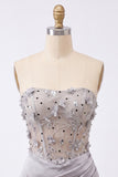 Light Grey Strapless Floral Sheer Corset Ruched Satin Short Homecoming Dress with Lace Up Back