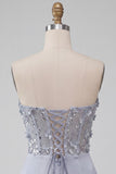 Light Grey Strapless Floral Sheer Corset Ruched Satin Short Homecoming Dress with Lace Up Back