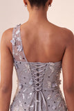 One Shoulder Grey Bodycon Lace Up Back Sequins Short Homecoming Dress with 3D Flowers