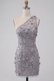 One Shoulder Grey Bodycon Lace Up Back Sequins Short Homecoming Dress with 3D Flowers