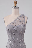 One Shoulder Grey Bodycon Lace Up Back Sequins Short Homecoming Dress with 3D Flowers