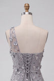 One Shoulder Grey Bodycon Lace Up Back Sequins Short Homecoming Dress with 3D Flowers