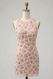 Blush Bodycon Round Neck Short Homecoming Dress with Beading