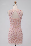 Blush Bodycon Round Neck Short Homecoming Dress with Beading