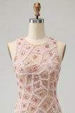 Blush Bodycon Round Neck Short Homecoming Dress with Beading