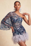 Navy One Shoulder Bodycon Floral Sequins Short Homecoming Dress with Feathers