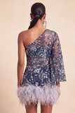 Navy One Shoulder Bodycon Floral Sequins Short Homecoming Dress with Feathers