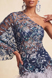 Navy One Shoulder Bodycon Floral Sequins Short Homecoming Dress with Feathers