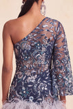 Navy One Shoulder Bodycon Floral Sequins Short Homecoming Dress with Feathers