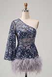 Navy One Shoulder Bodycon Floral Sequins Short Homecoming Dress with Feathers