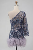 Navy One Shoulder Bodycon Floral Sequins Short Homecoming Dress with Feathers