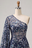 Navy One Shoulder Bodycon Floral Sequins Short Homecoming Dress with Feathers