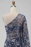 Navy One Shoulder Bodycon Floral Sequins Short Homecoming Dress with Feathers