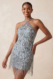 Halter Neck Grey Bodycon Floral Beaded Short Homecoming Dress with Fringes