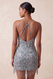 Halter Neck Grey Bodycon Floral Beaded Short Homecoming Dress with Fringes