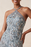 Halter Neck Grey Bodycon Floral Beaded Short Homecoming Dress with Fringes