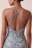 Halter Neck Grey Bodycon Floral Beaded Short Homecoming Dress with Fringes