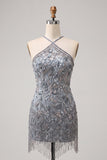 Halter Neck Grey Bodycon Floral Beaded Short Homecoming Dress with Fringes