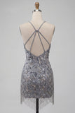 Halter Neck Grey Bodycon Floral Beaded Short Homecoming Dress with Fringes