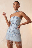 Dusty Blue Strapless Bodycon Floral Sequins Short Homecoming Dress with Fringes