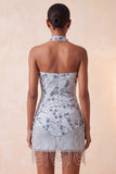 Dusty Blue Strapless Bodycon Floral Sequins Short Homecoming Dress with Fringes