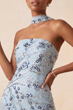 Dusty Blue Strapless Bodycon Floral Sequins Short Homecoming Dress with Fringes
