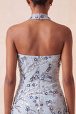 Dusty Blue Strapless Bodycon Floral Sequins Short Homecoming Dress with Fringes