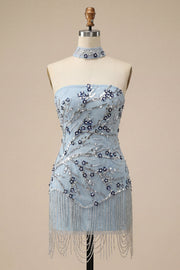 Blue Strapless Bodycon Floral Sequins Short Homecoming Dress with Fringes
