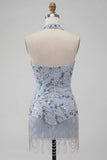 Dusty Blue Strapless Bodycon Floral Sequins Short Homecoming Dress with Fringes