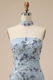 Dusty Blue Strapless Bodycon Floral Sequins Short Homecoming Dress with Fringes